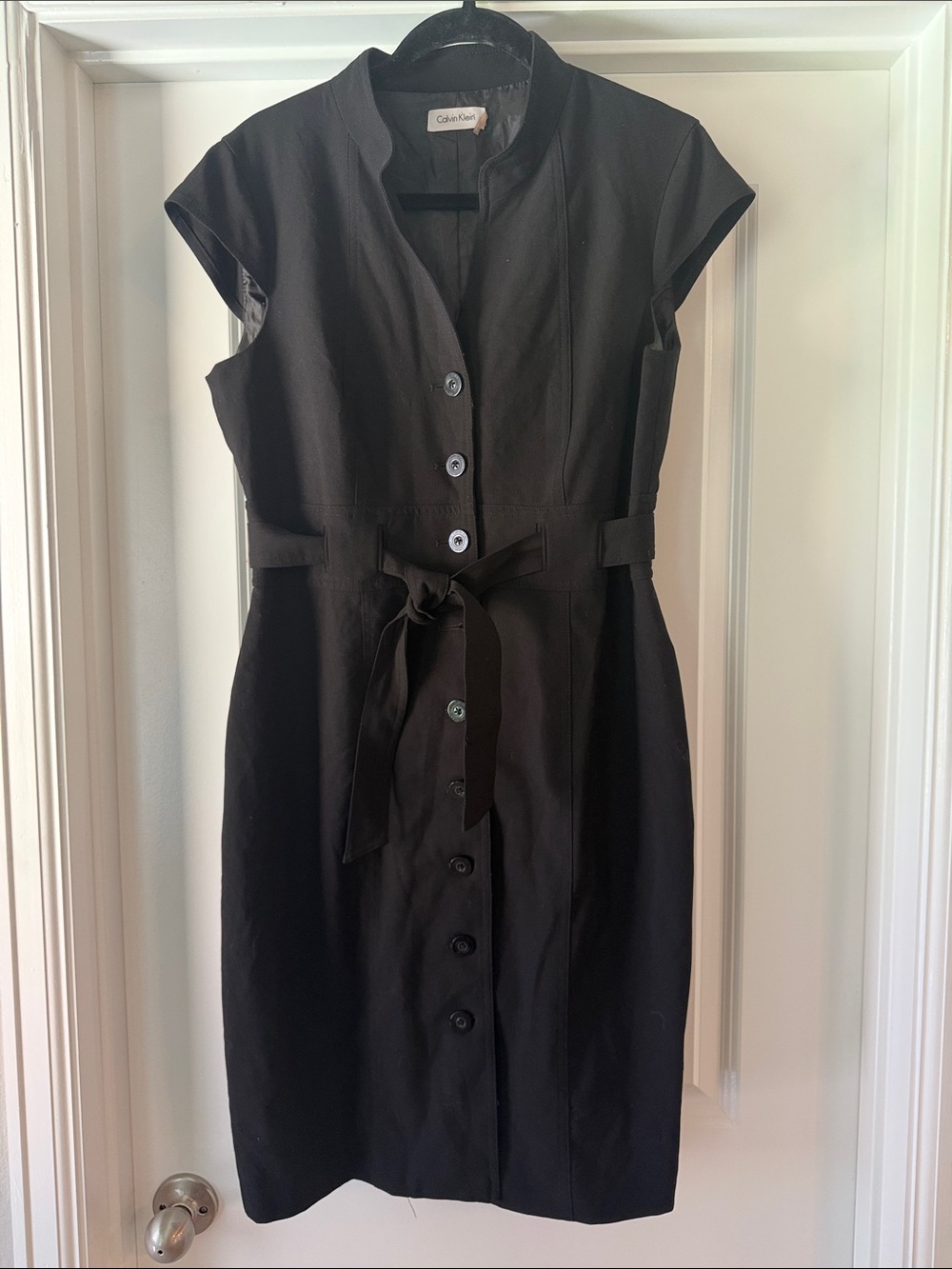 Calvin Klein Black Button-Front Tie-Waist Cap-Sleeve Dress Size 12